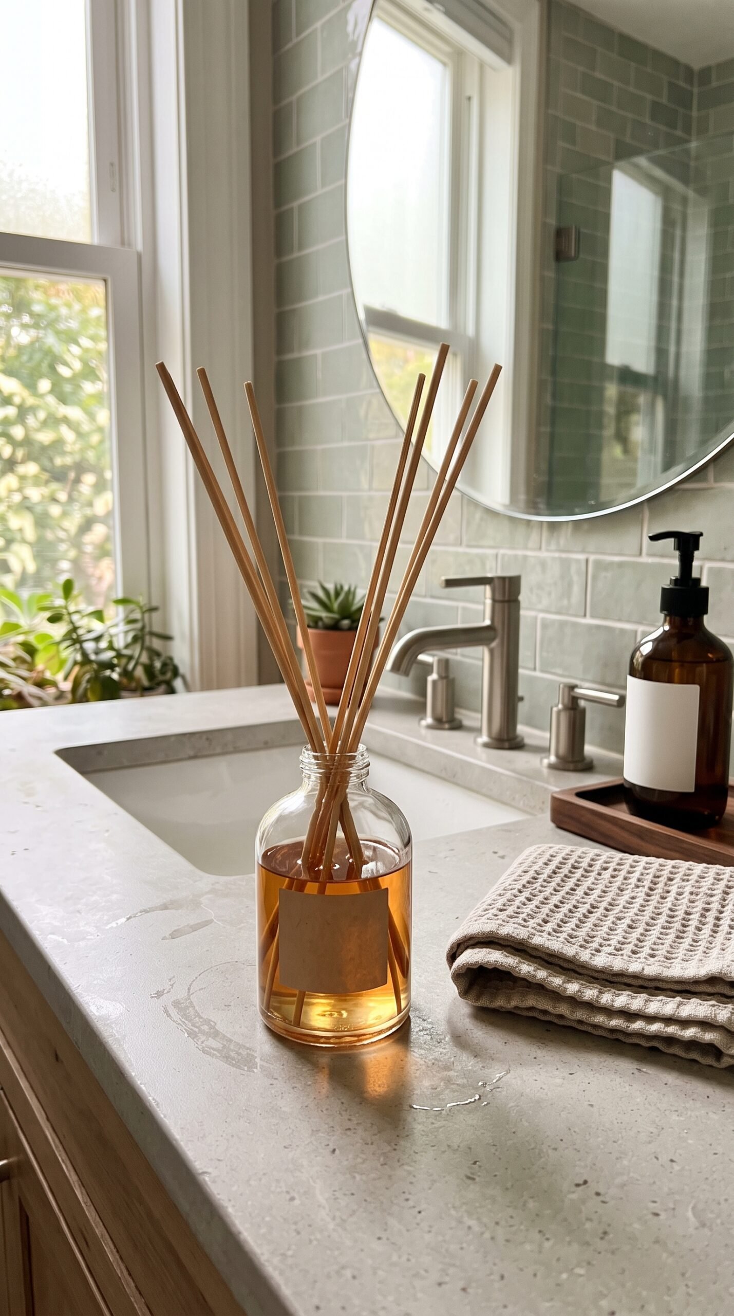 reed diffuser on a bathroom counter