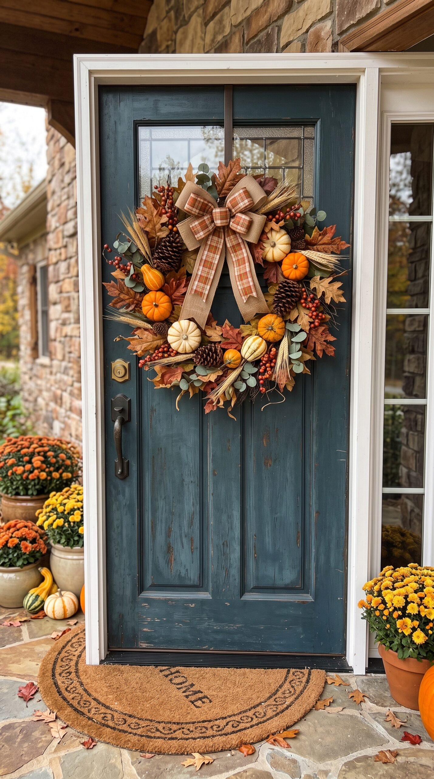 ribbon wrapped fall wreath on a door