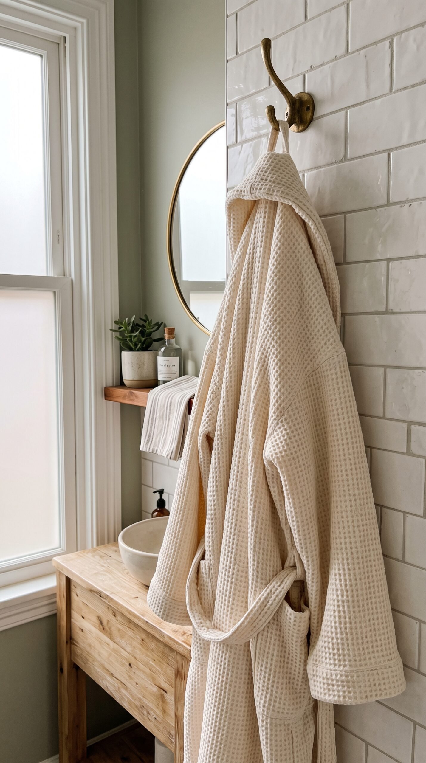 cozy robe hanging on a bathroom hook