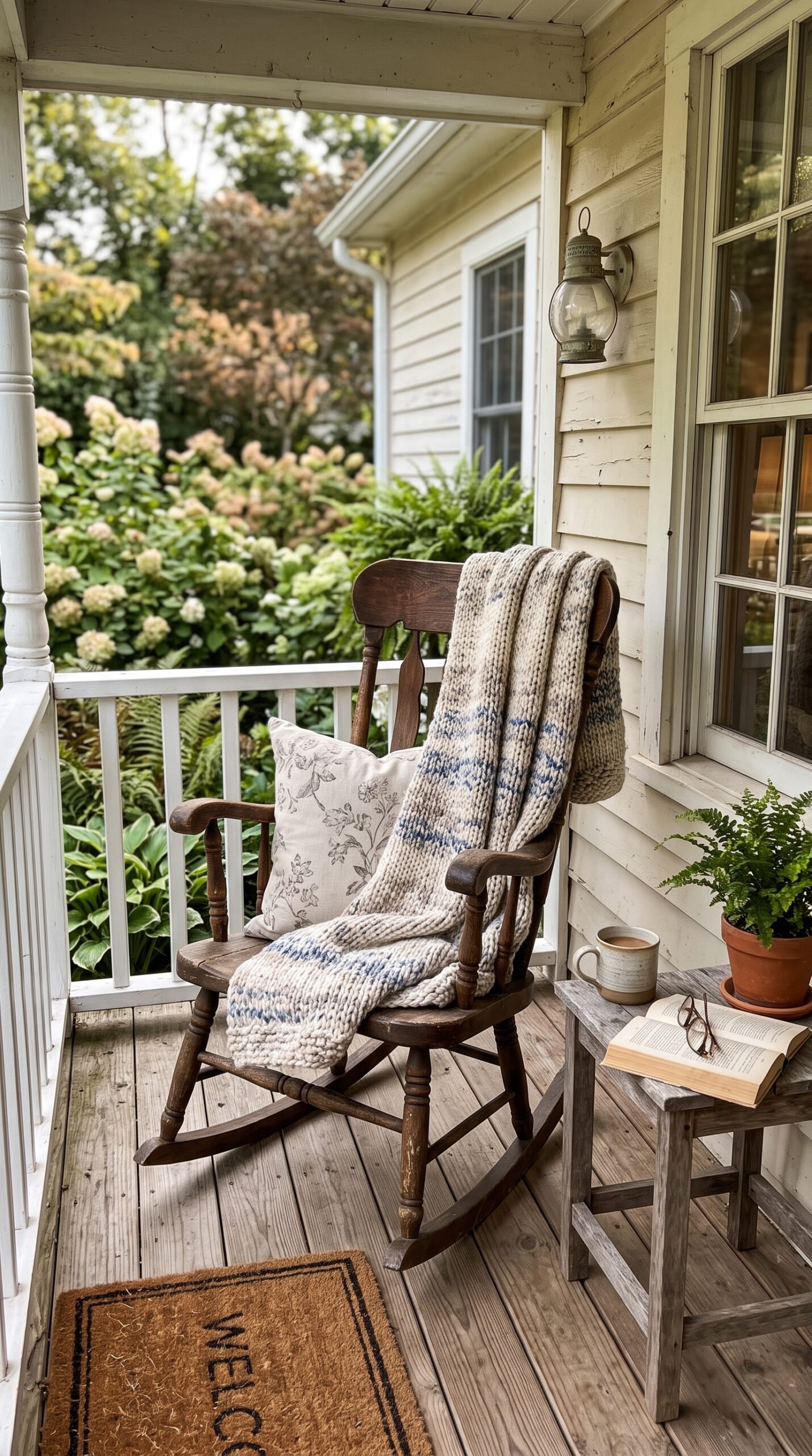 rocking chair with a throw on a porch
