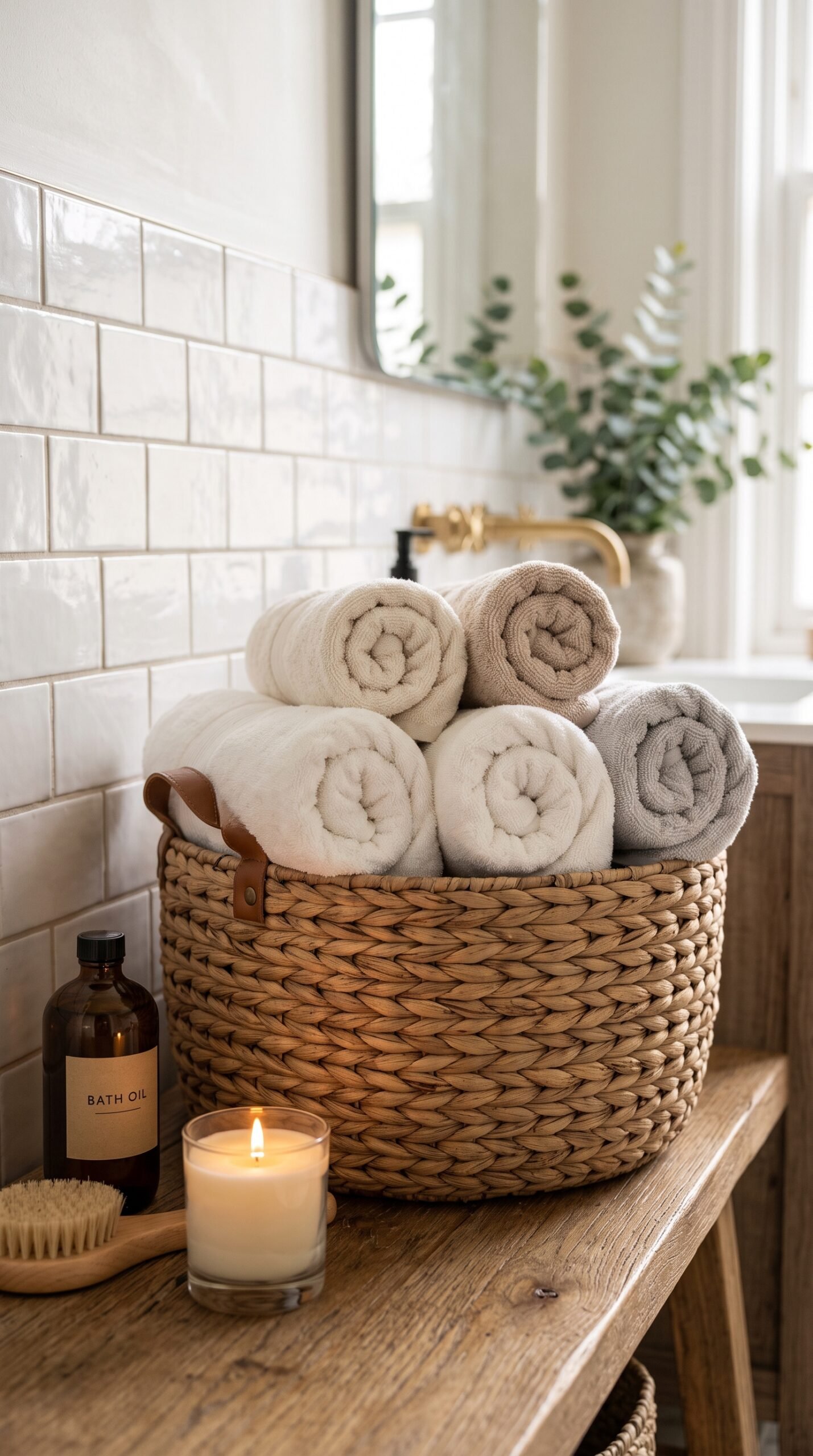 rolled towels in a woven basket in a bathroom