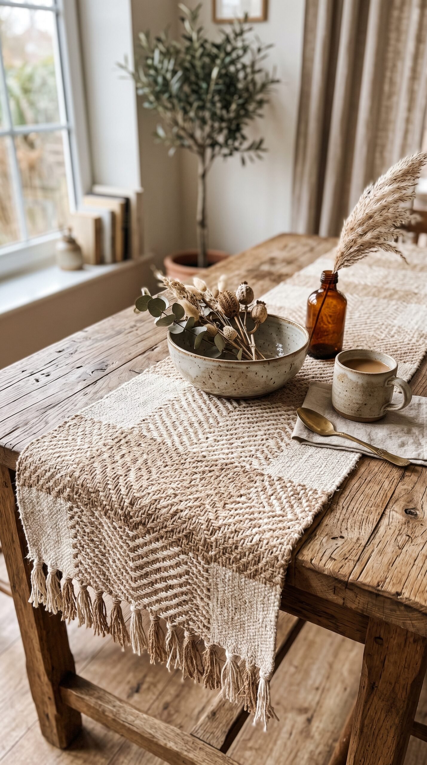 textured runner on a wooden table