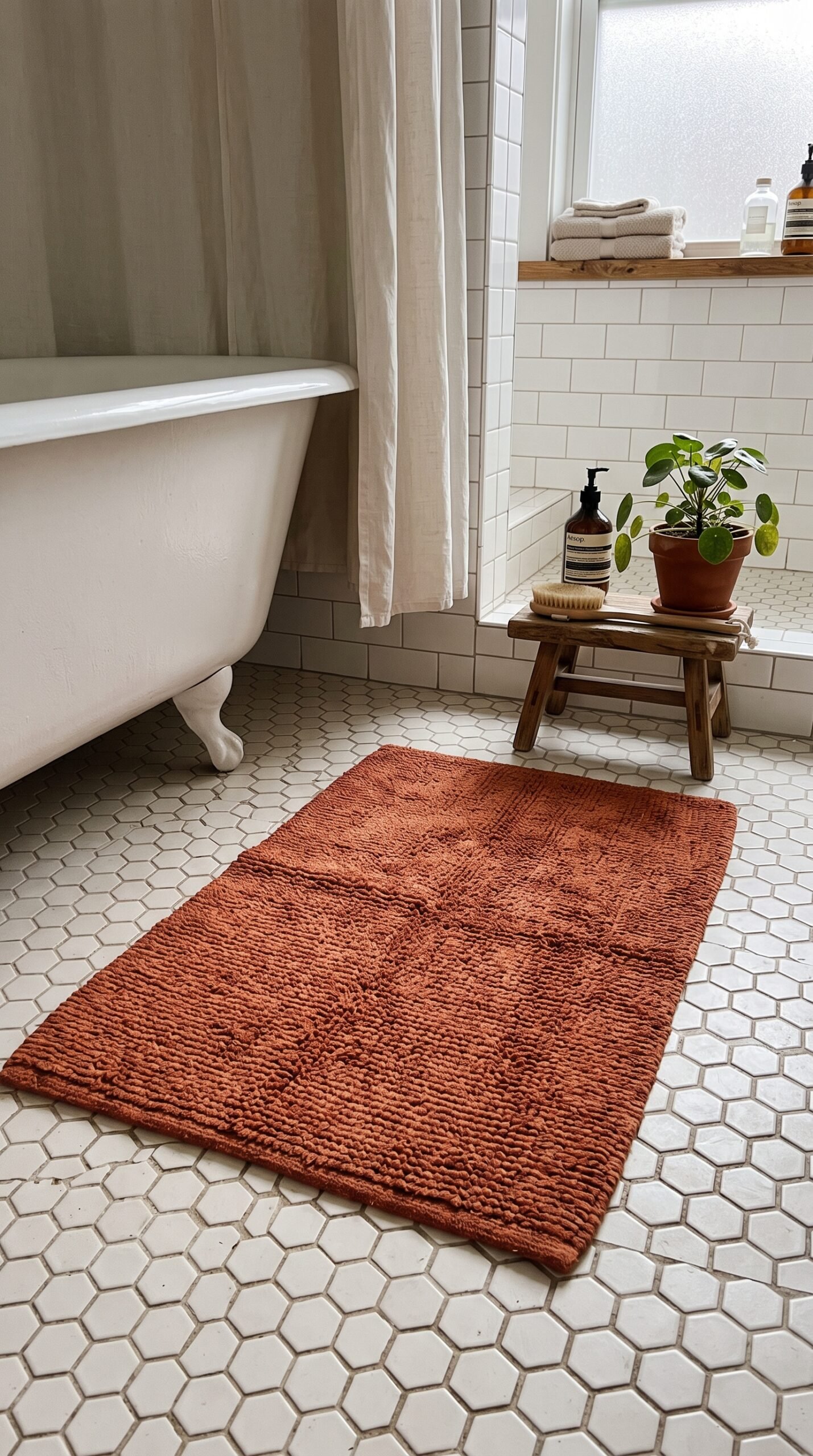 rust colored bath mat on a bathroom floor