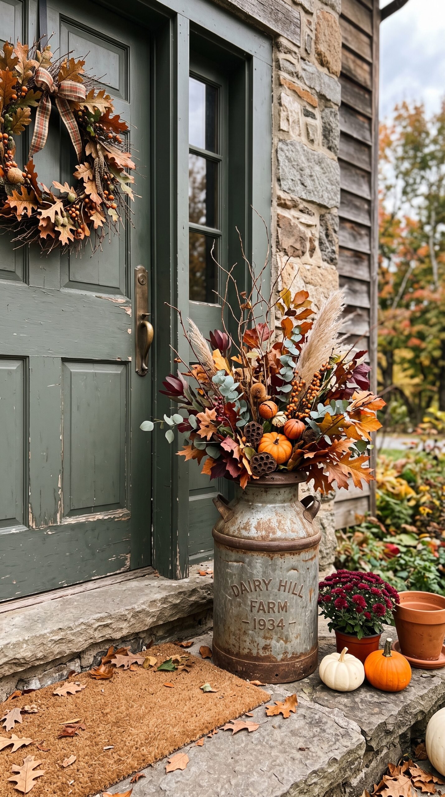 rustic milk can with fall stems by a door