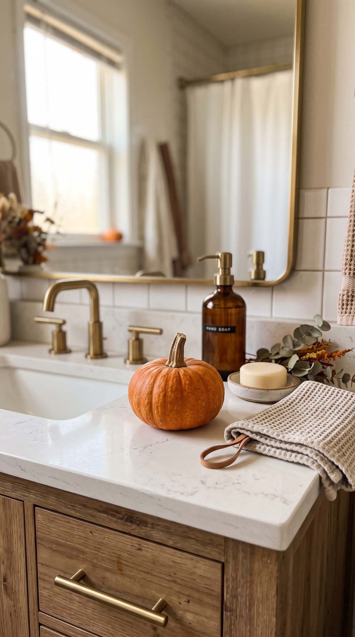 small pumpkin on a bathroom vanity