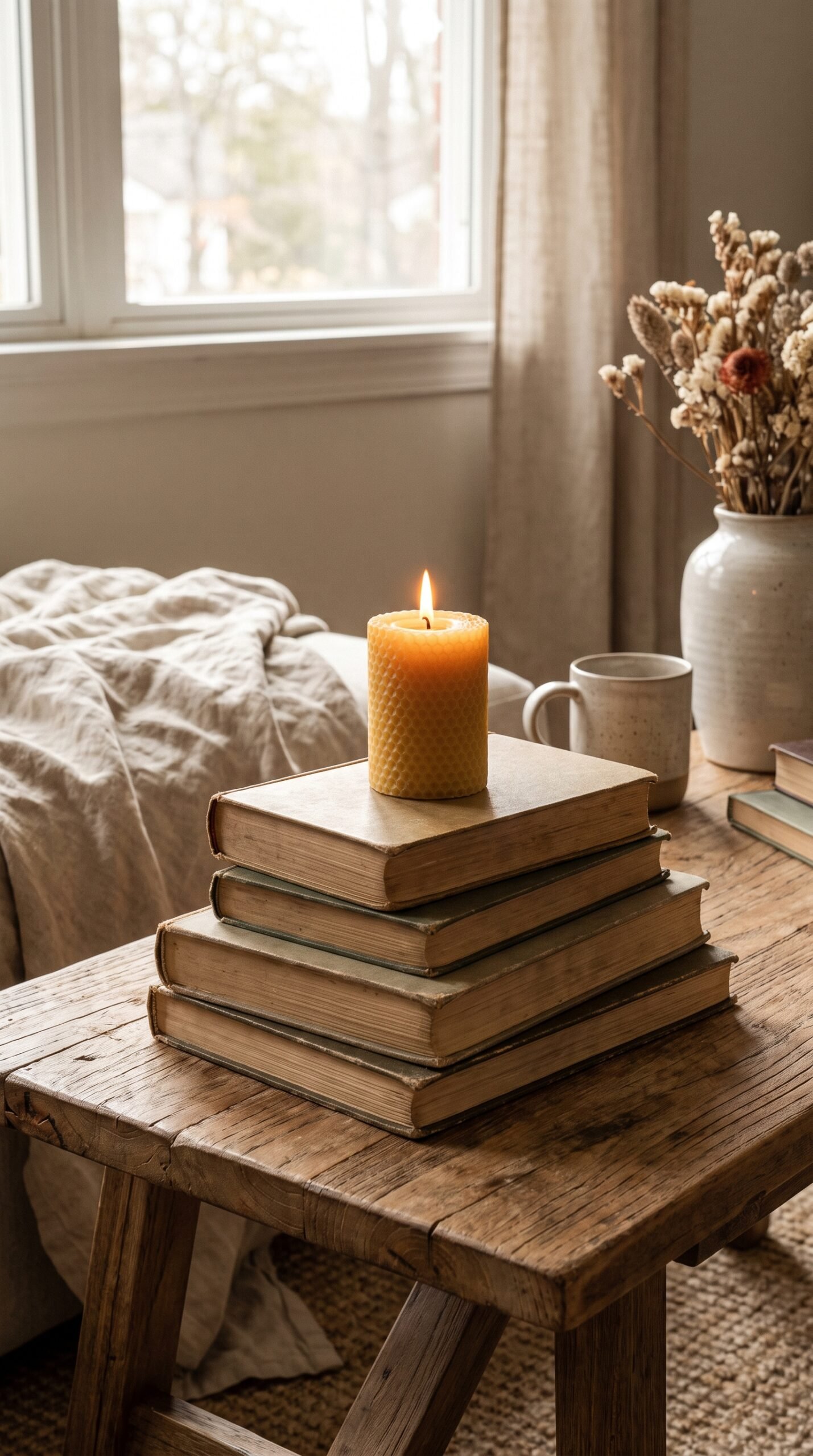 stacked books with a candle on a coffee table