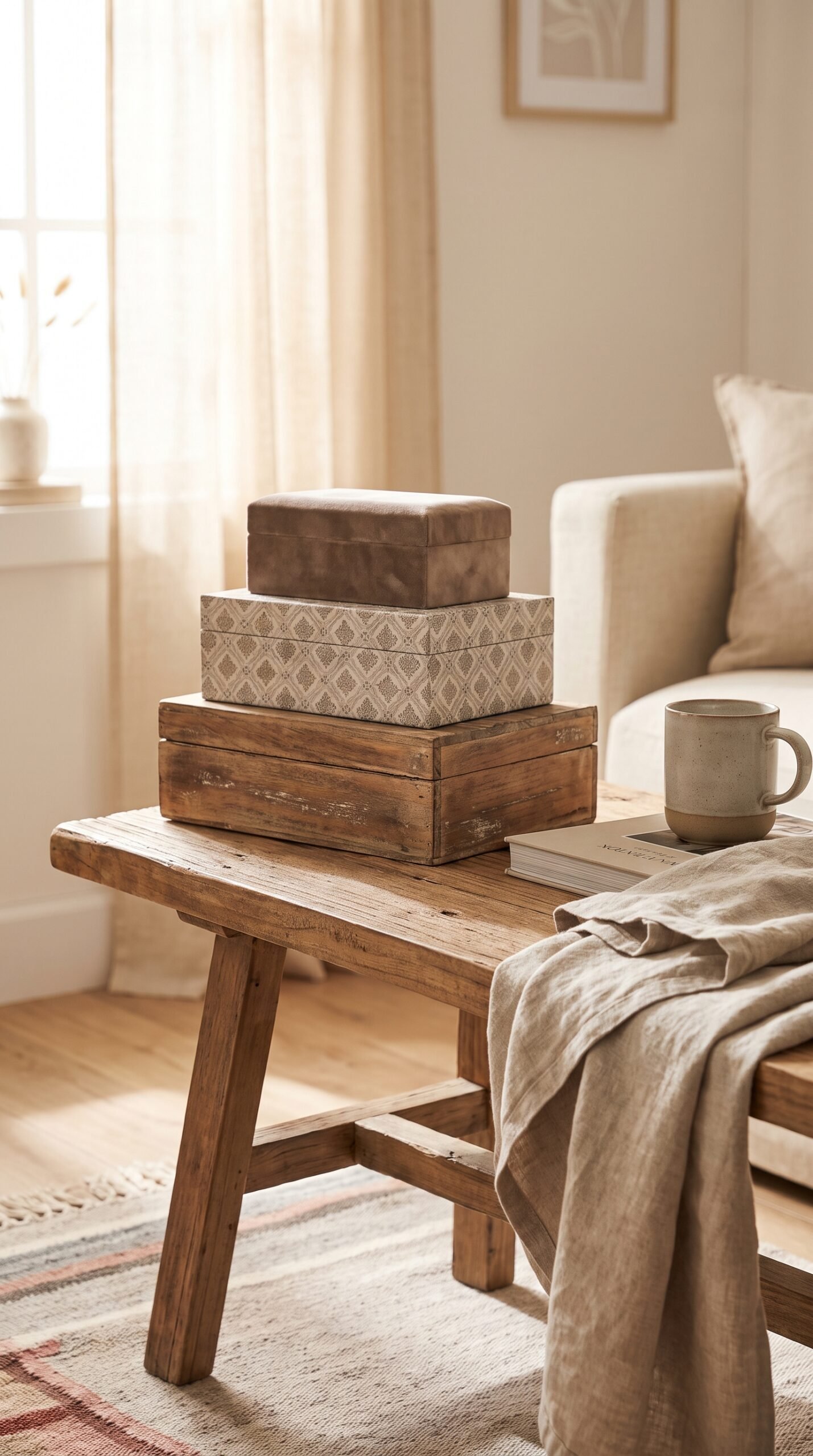 stacked decorative boxes on a coffee table