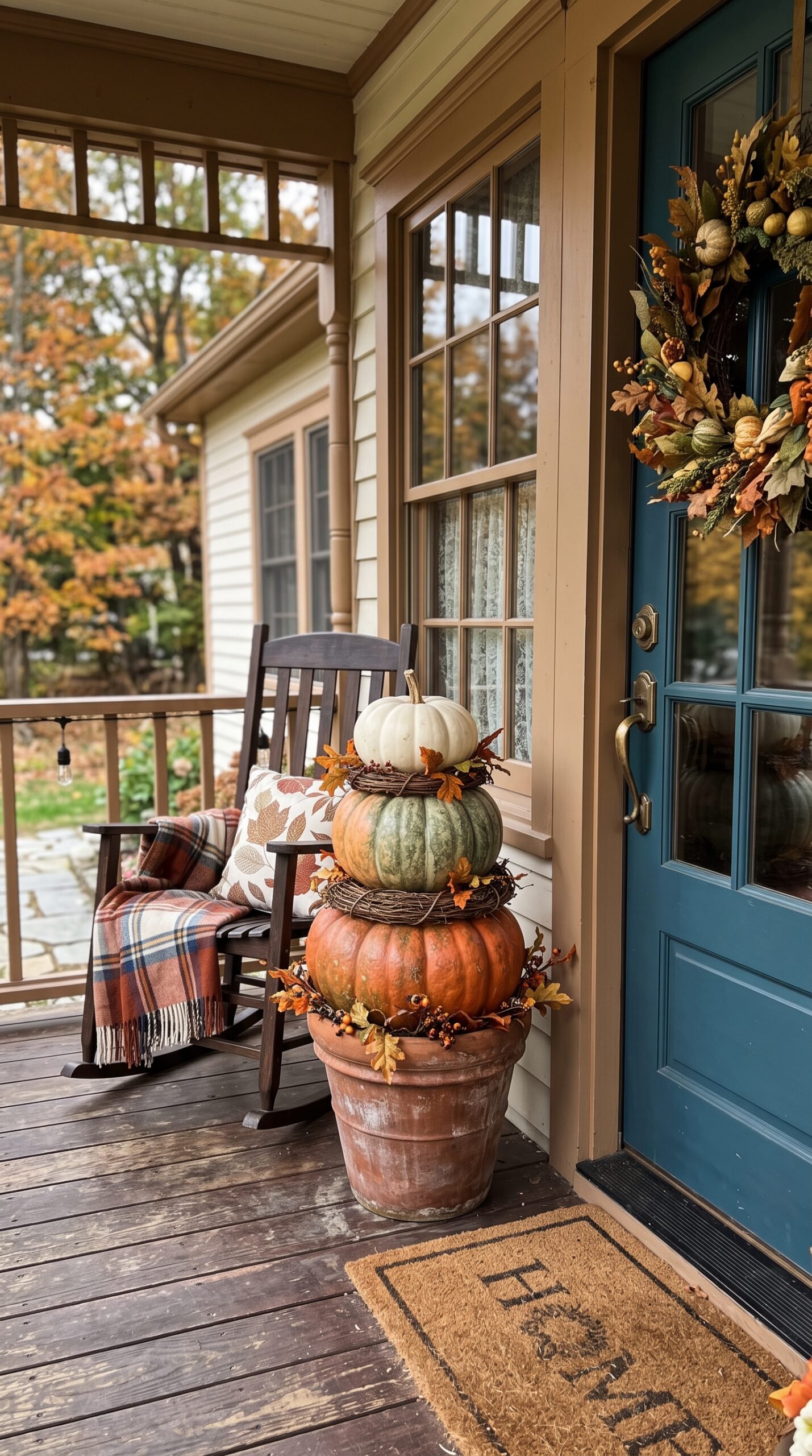 stacked pumpkin topiaries on a porch