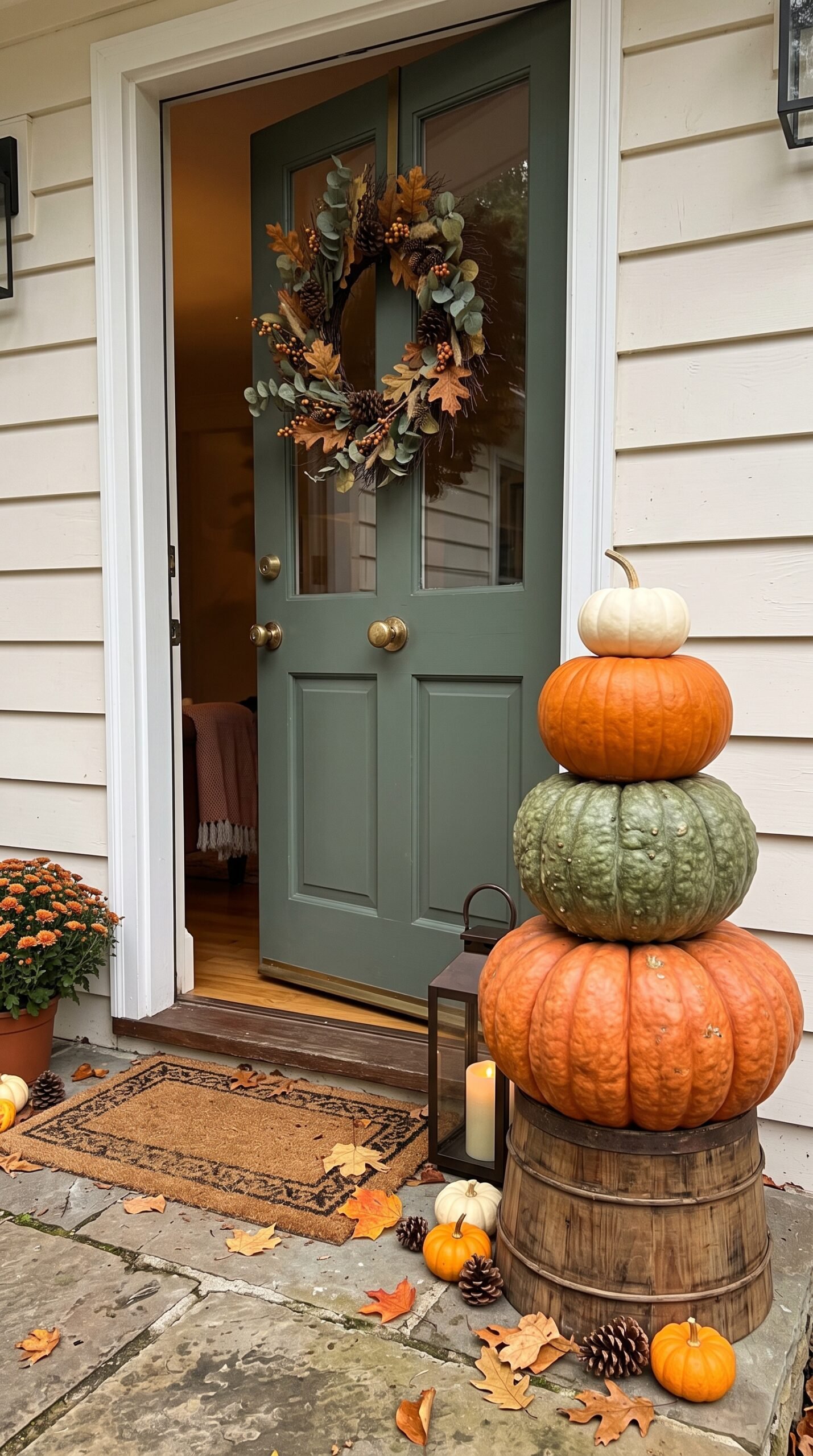 stacked pumpkin topiary by a front door