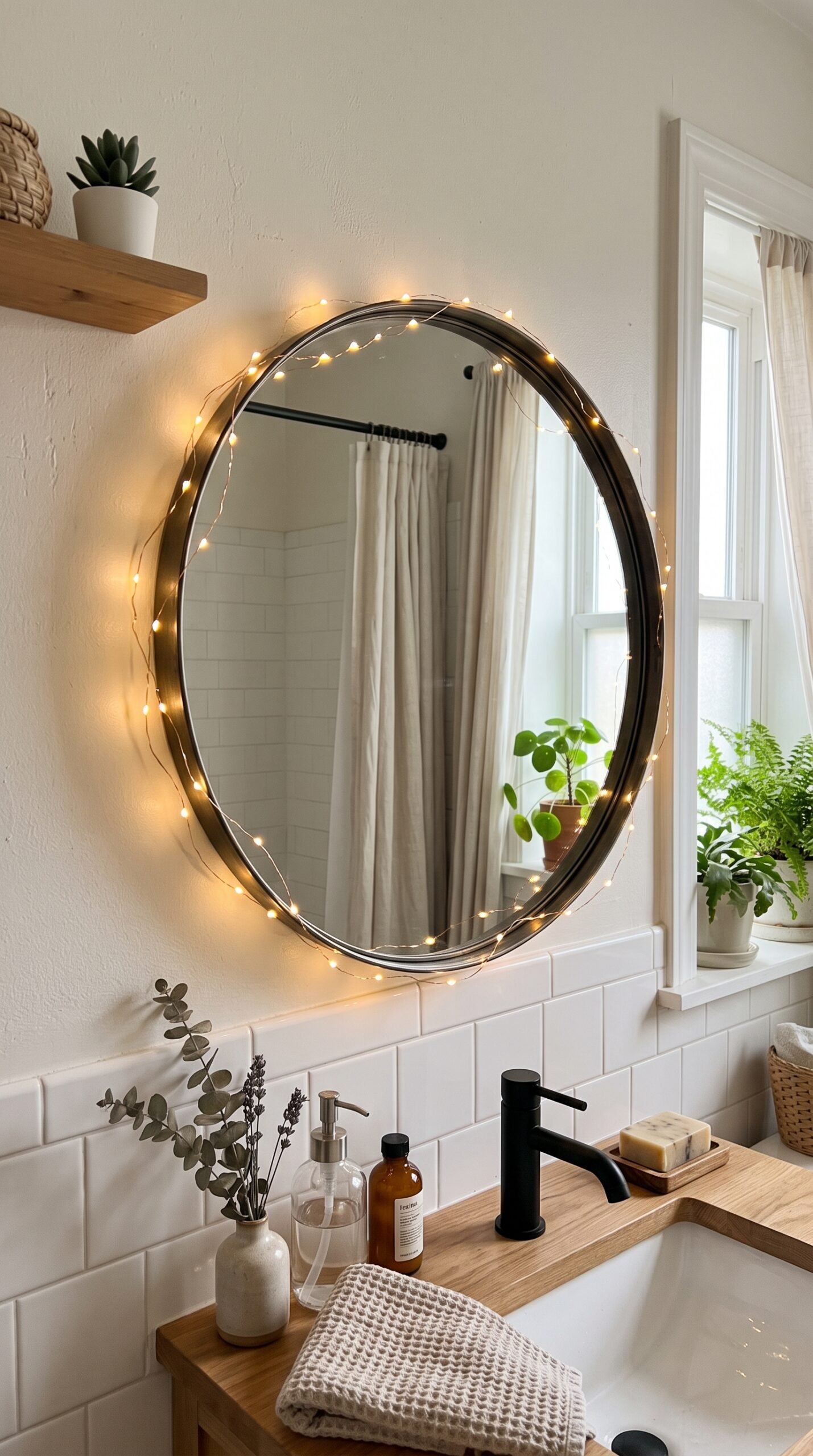 warm string lights around a bathroom mirror