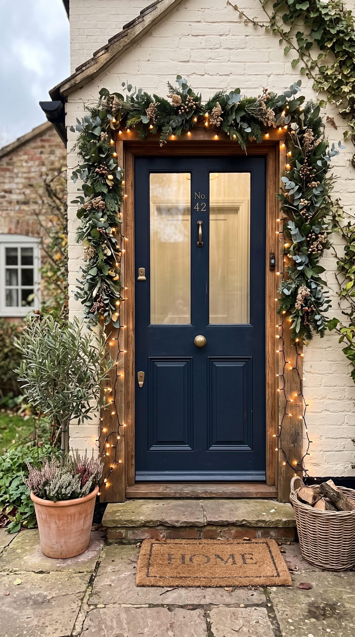 warm string lights around a front door frame
