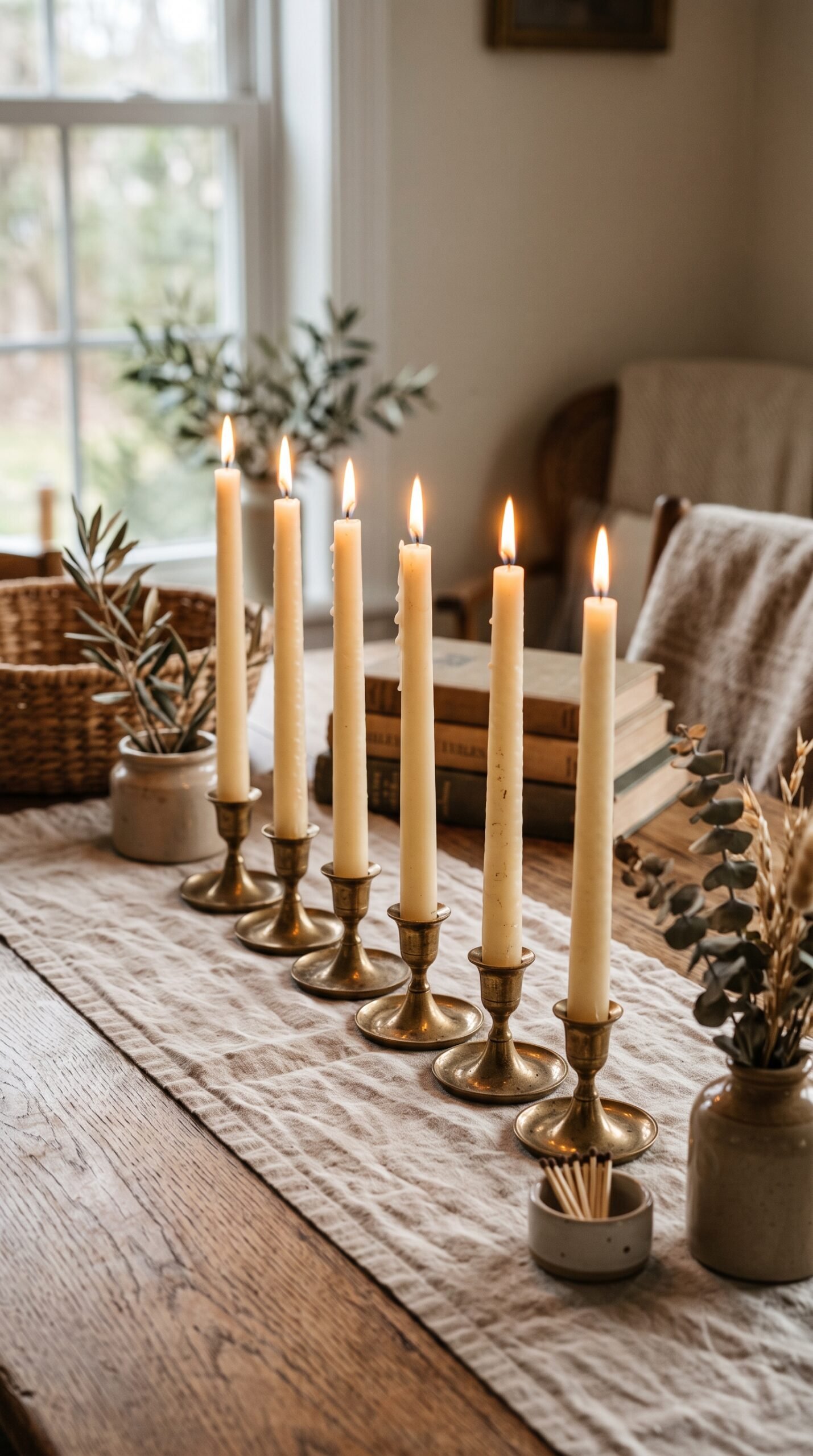 taper candles in a row on a table