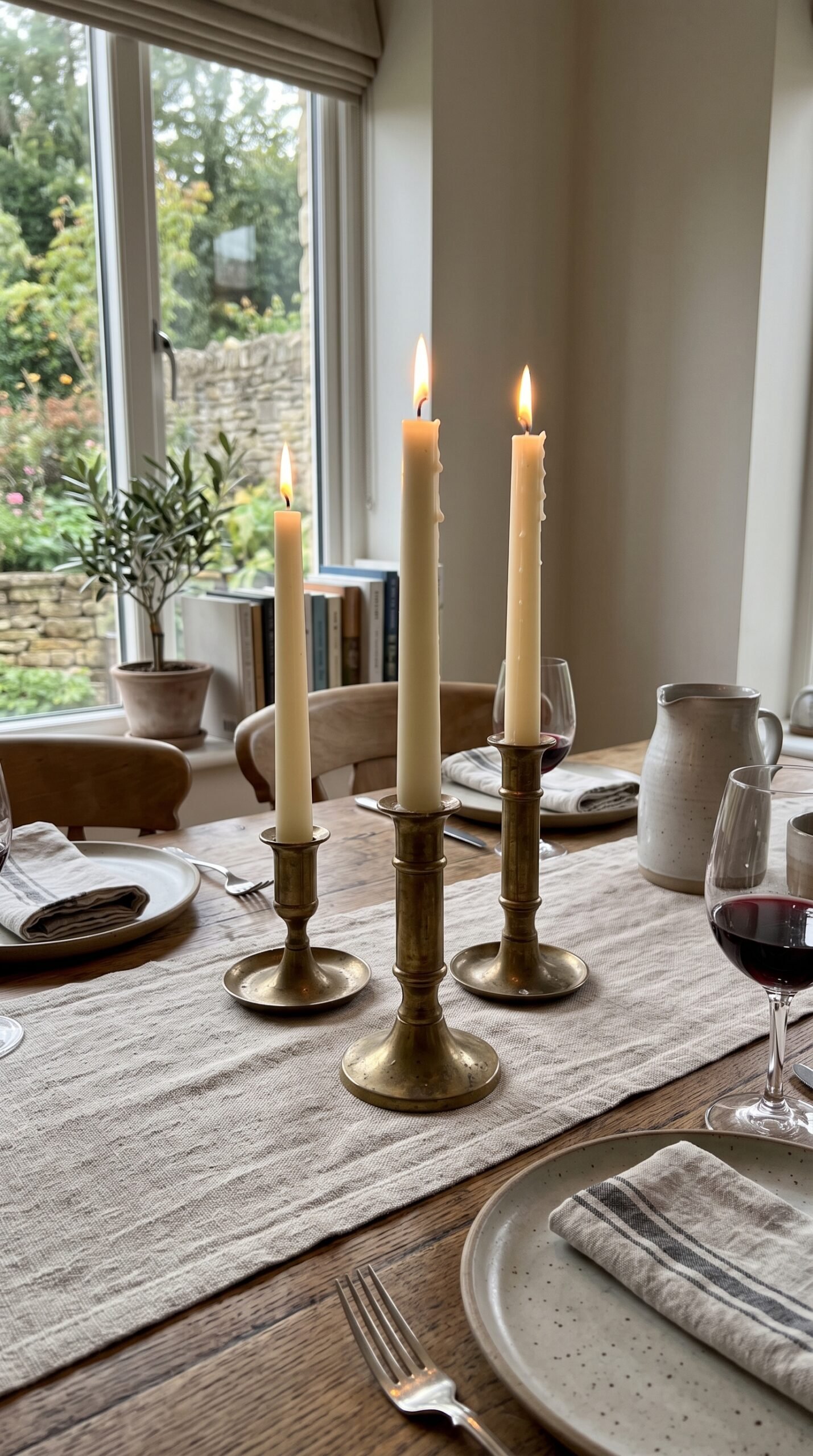 taper candles in brass holders on a dining table