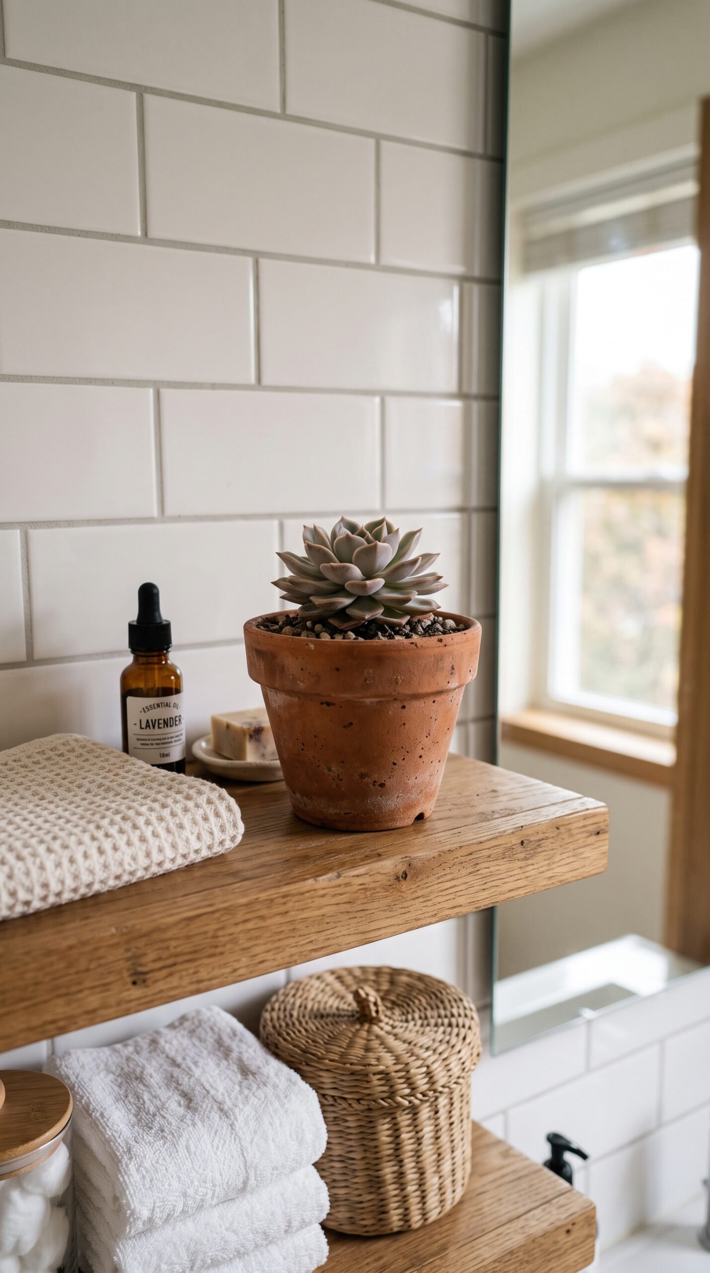 small terracotta planter on a bathroom shelf