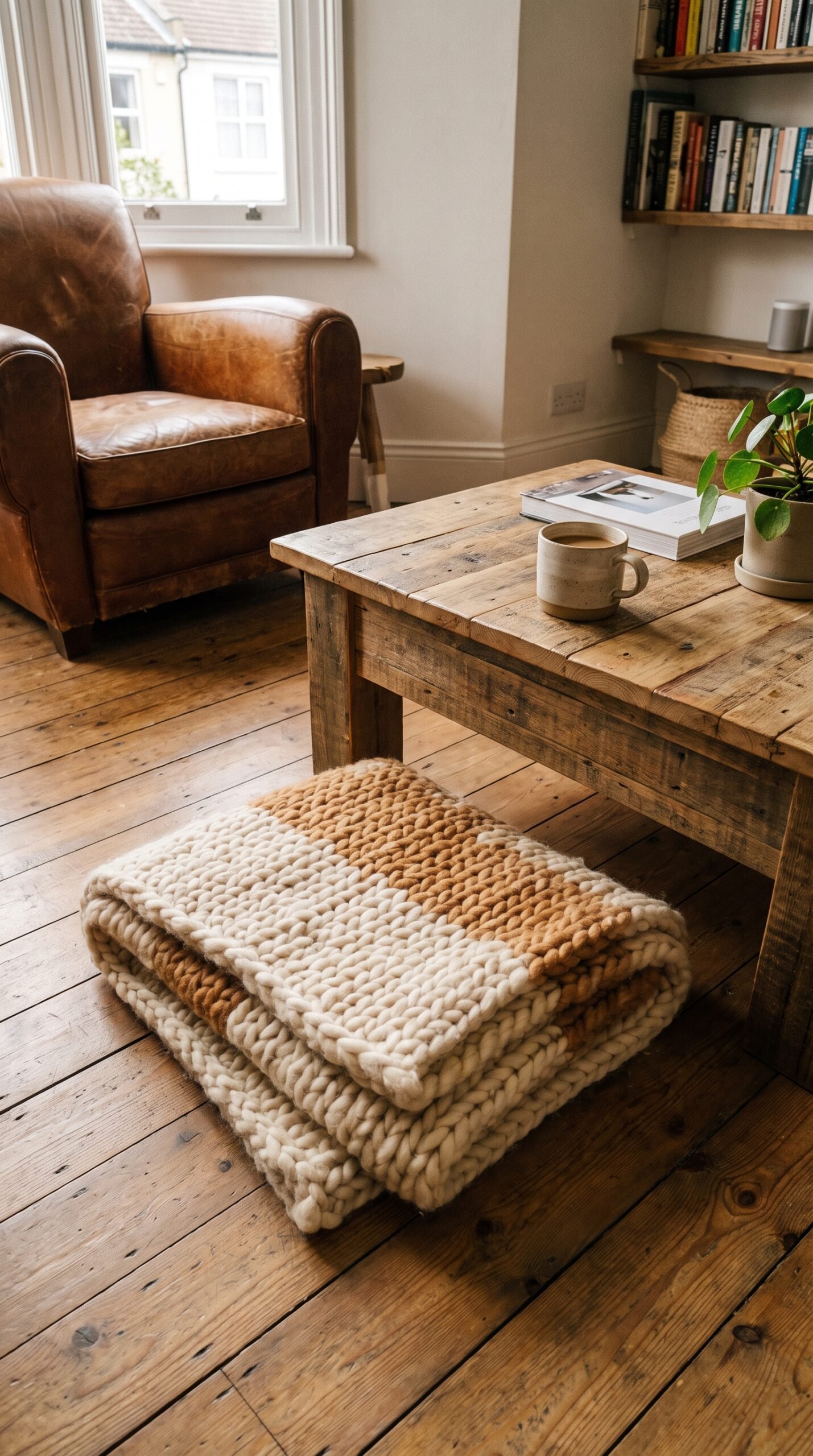 warm throw blanket folded near a coffee table