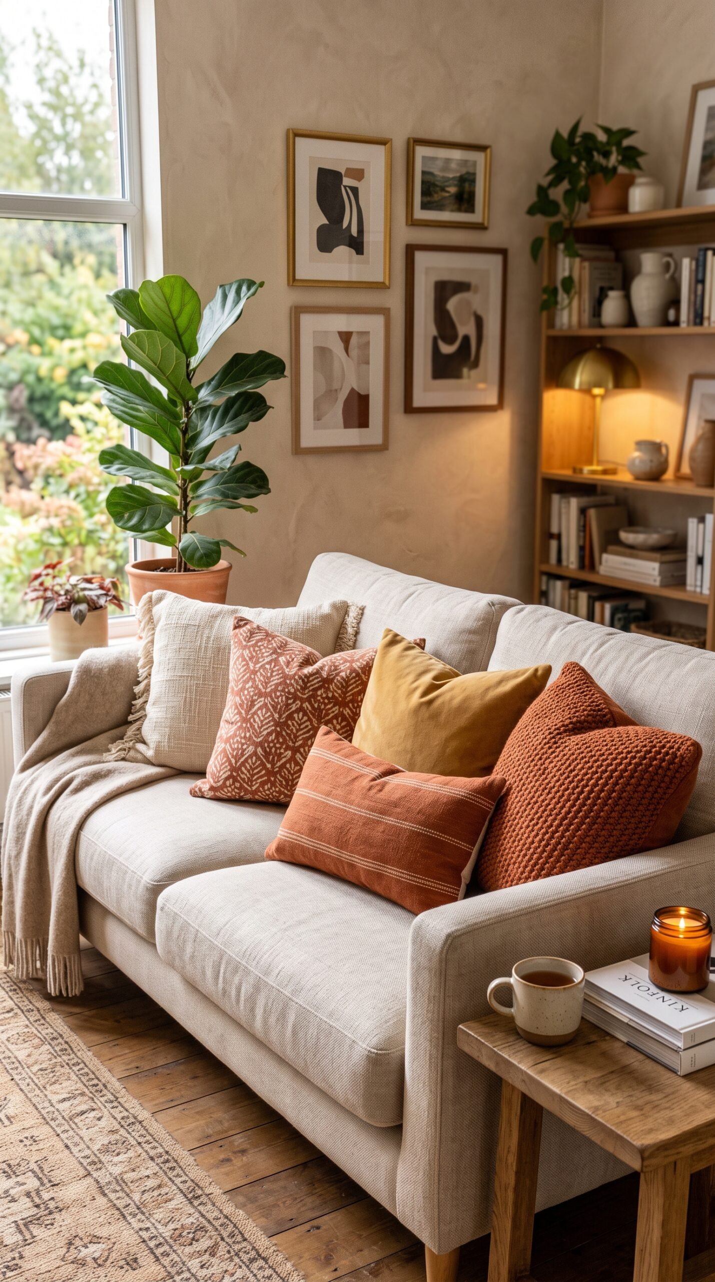 warm toned throw pillows on a sofa