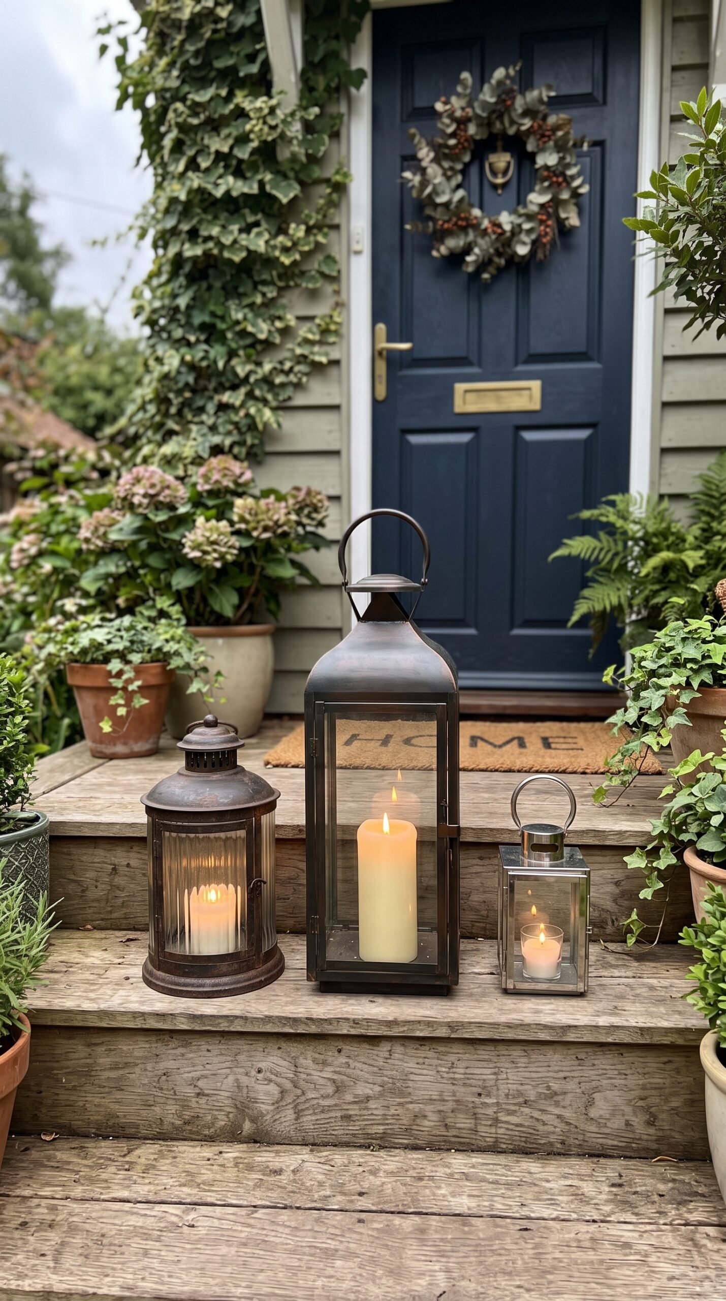 trio of lanterns on front steps