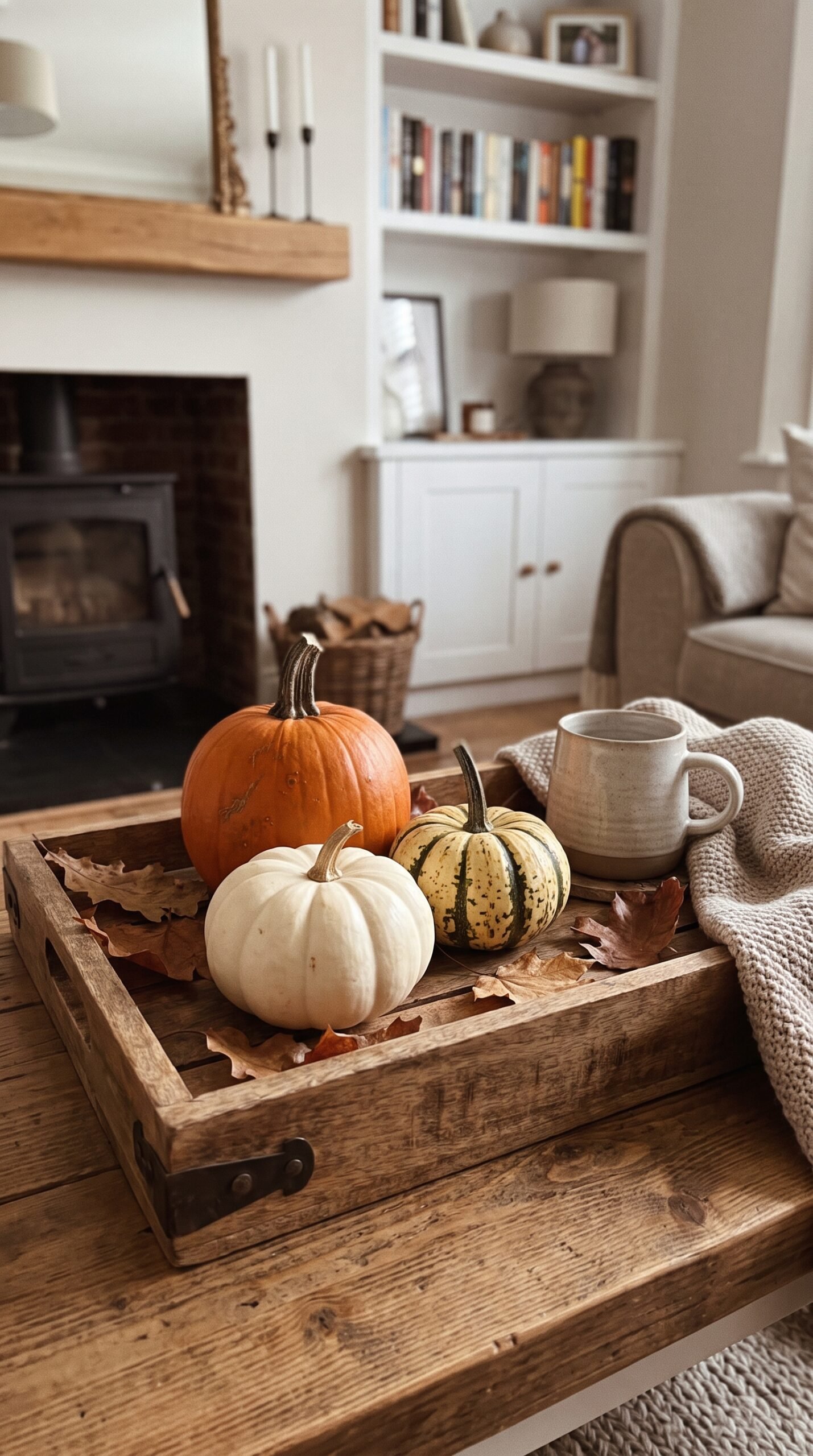 trio of small pumpkins on a coffee table tray