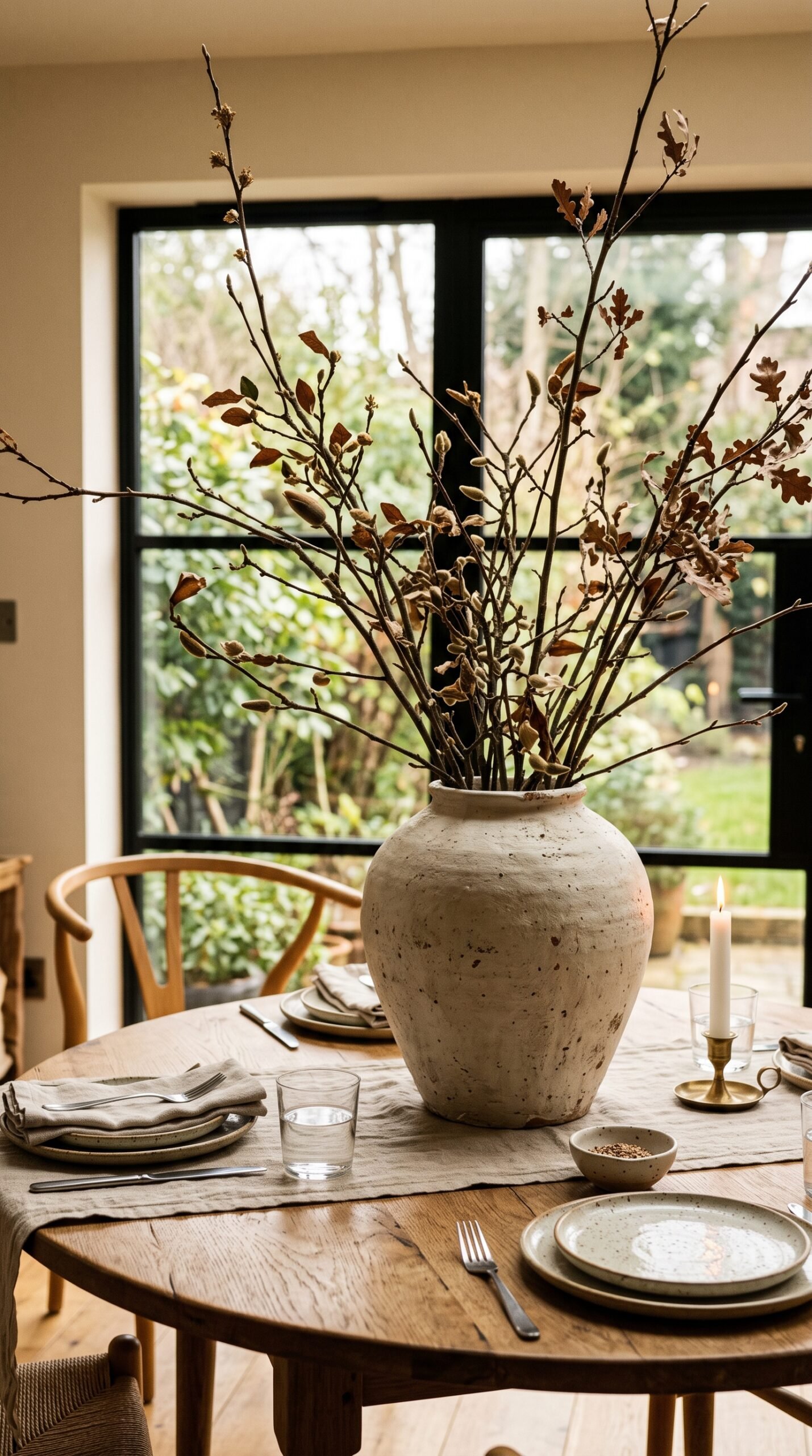 large statement vase with branches on a dining table