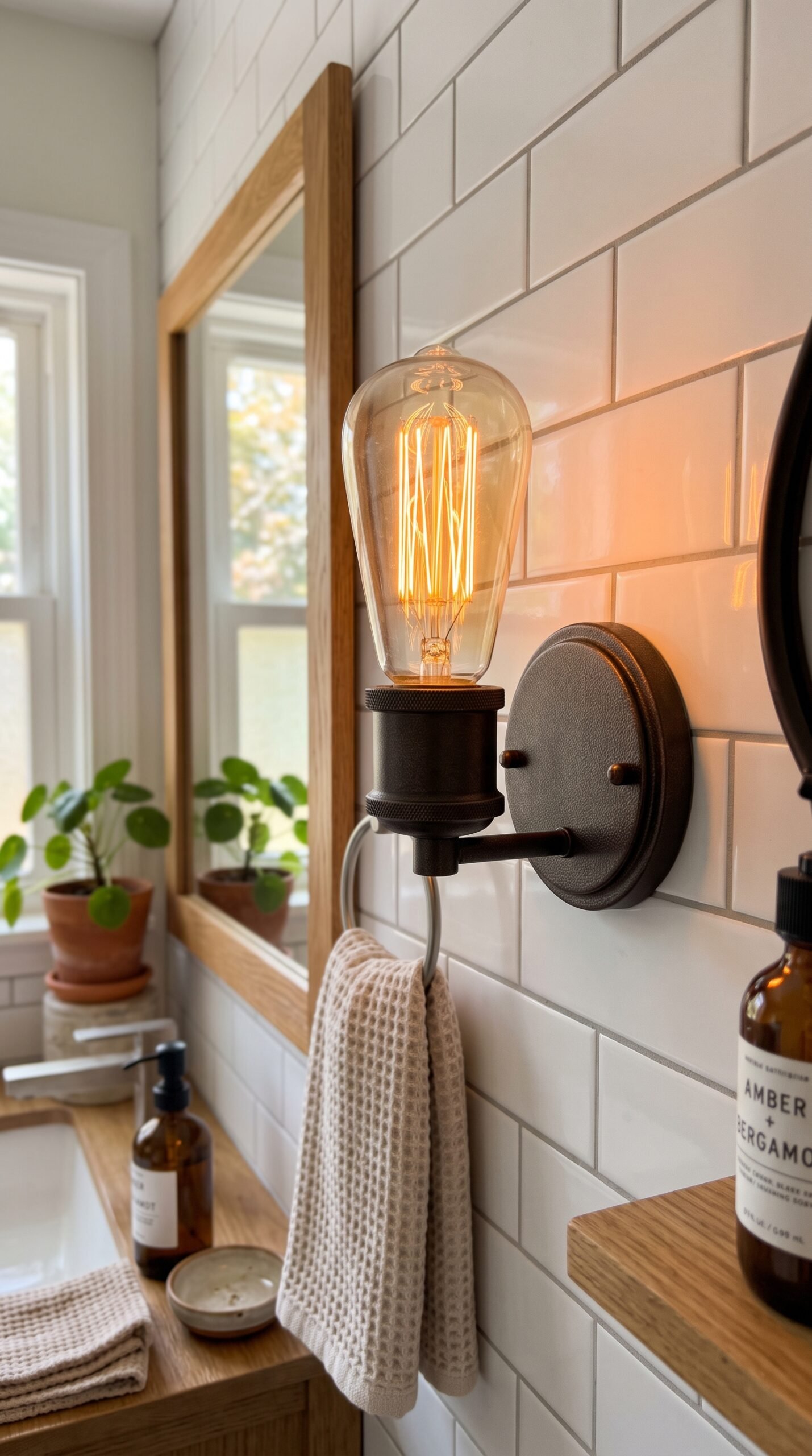 warm bulb glowing in a bathroom fixture
