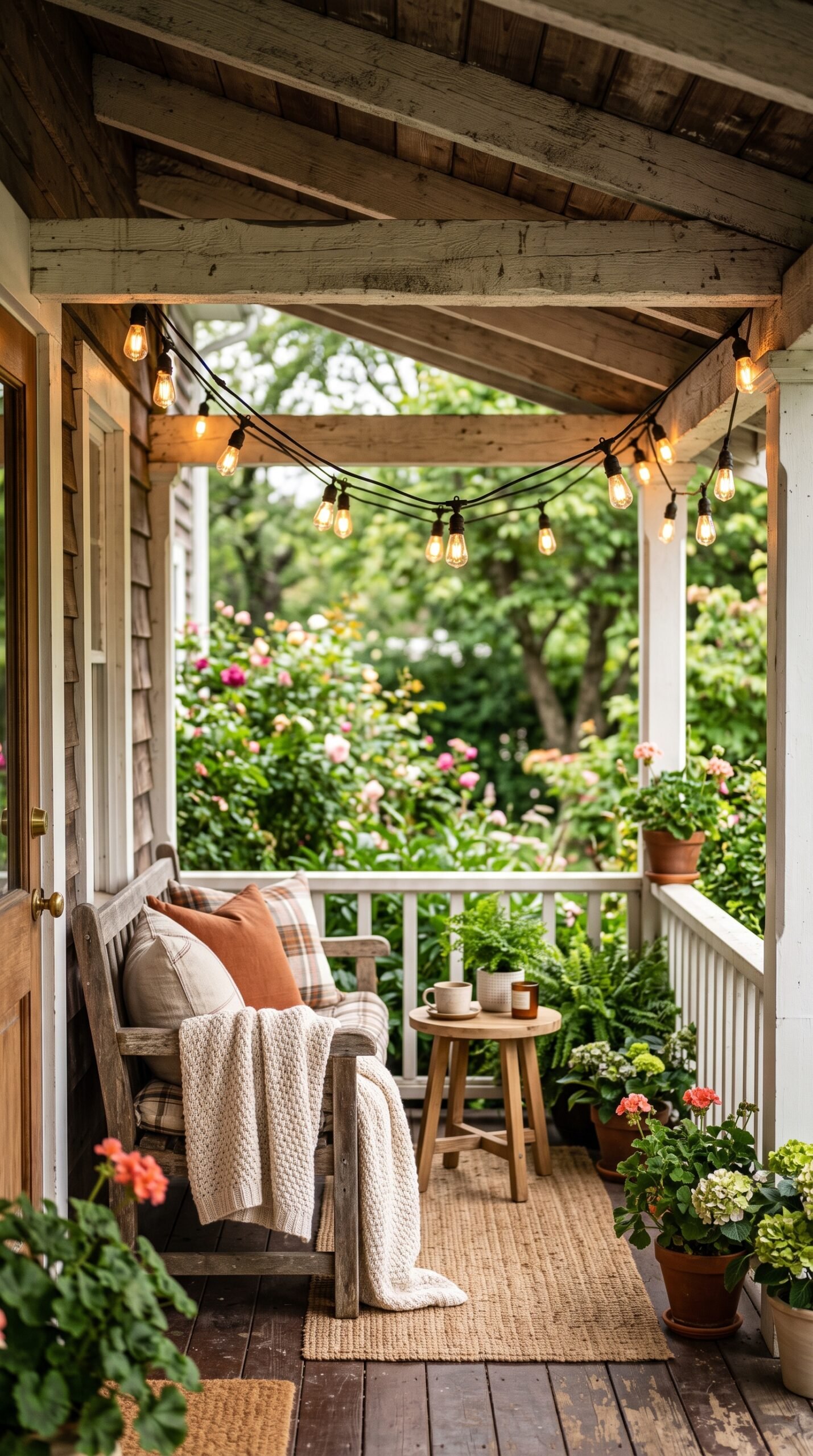 warm string lights on a porch