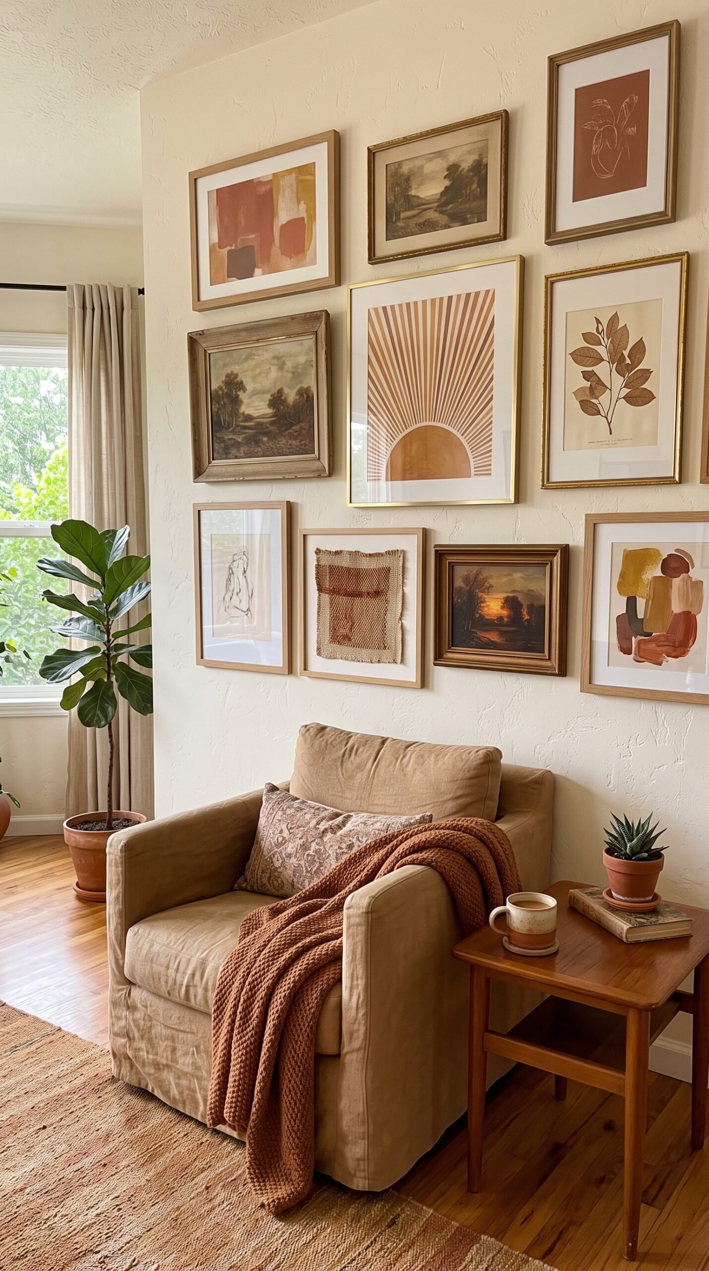 warm toned art on the walls