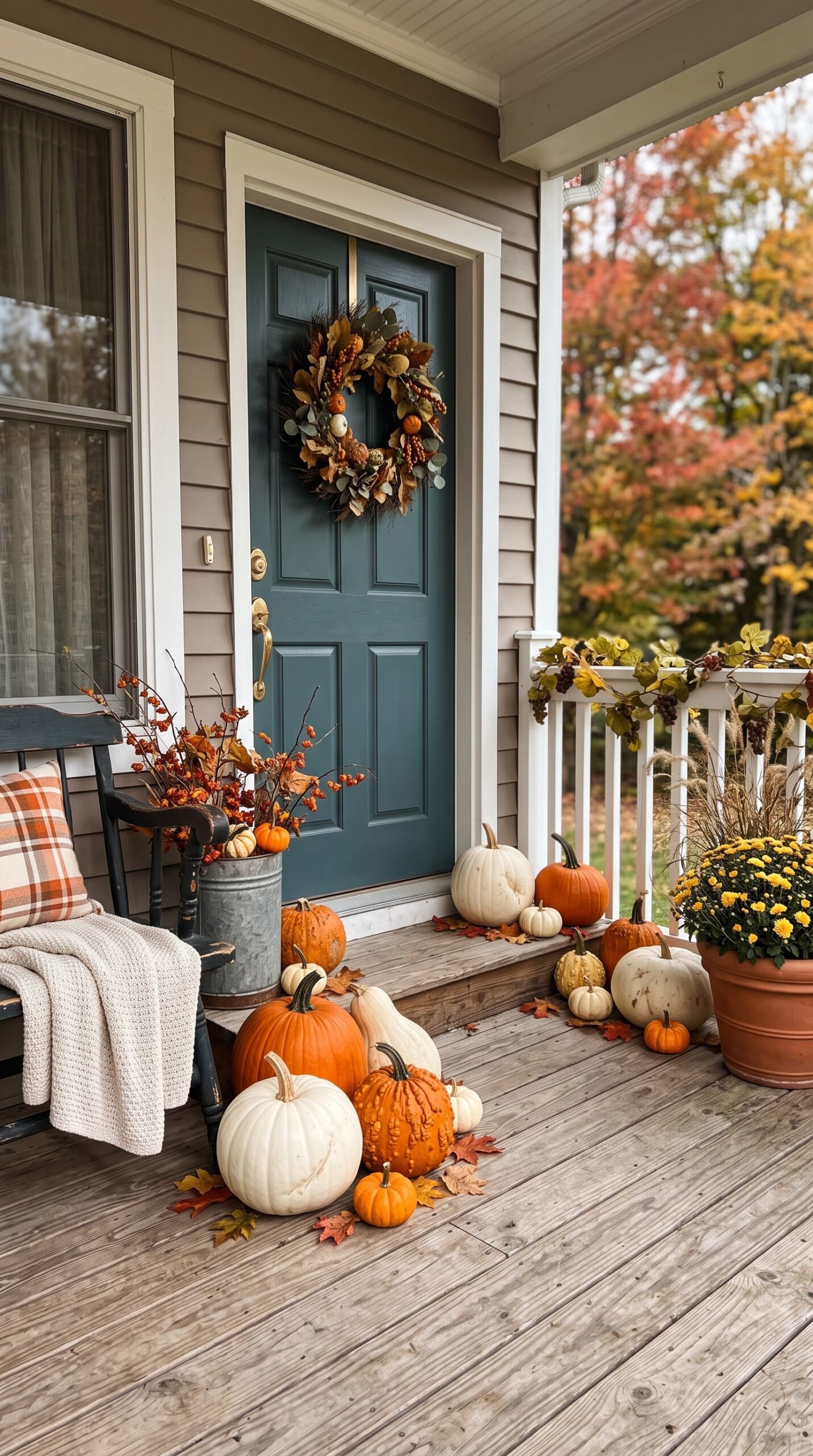 white and orange pumpkins on a porch