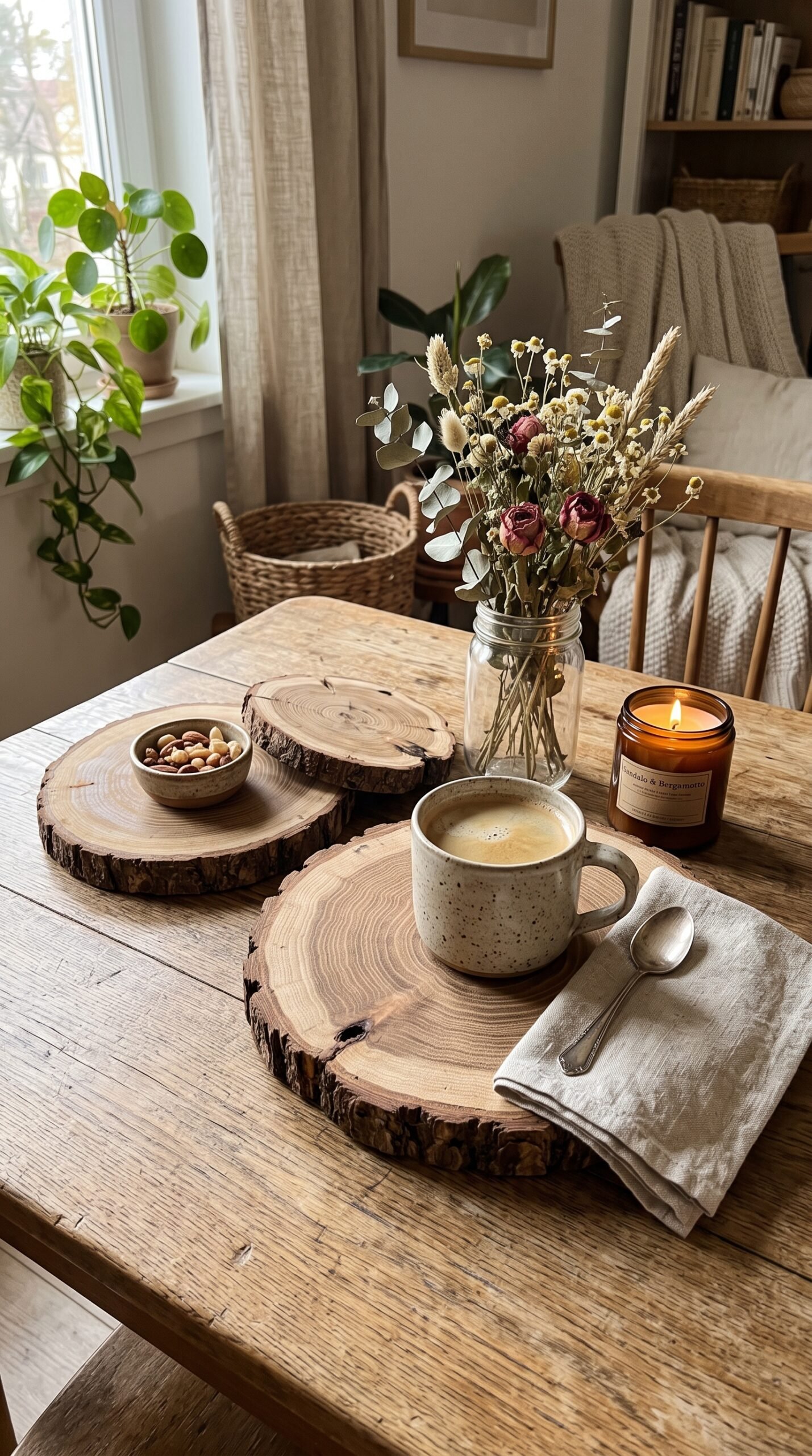 wood slice trivets on a table