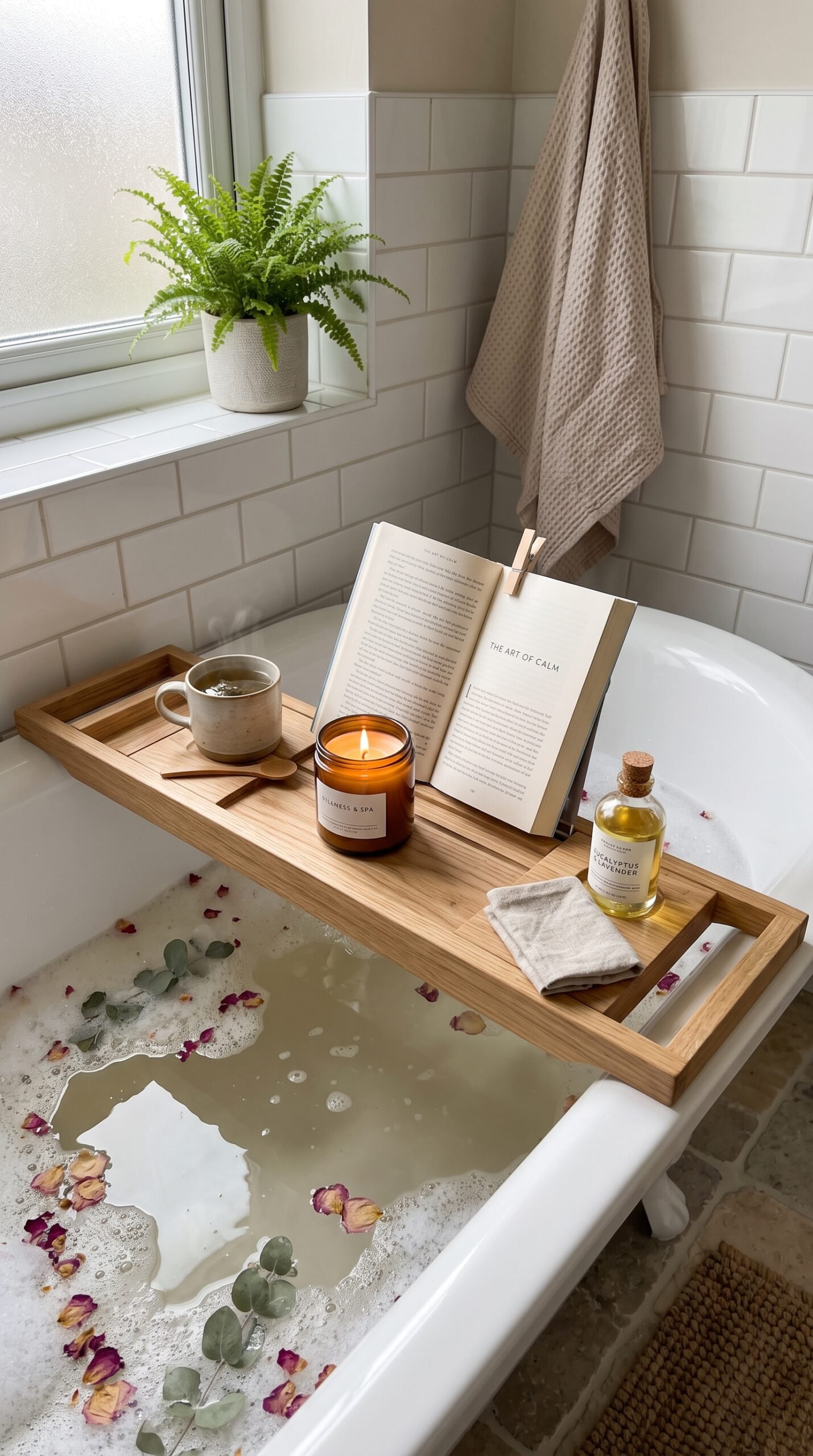 wooden bath caddy across a tub