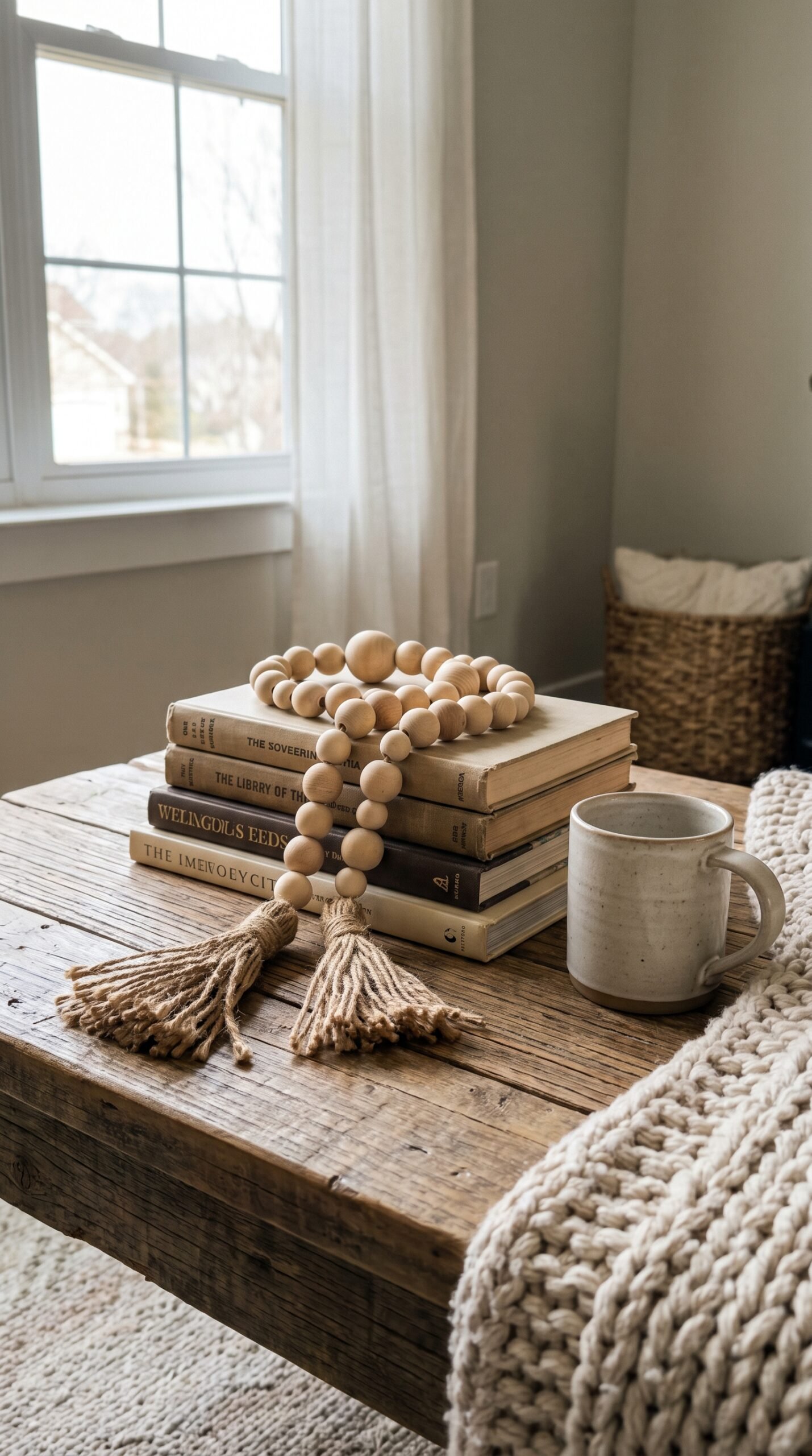 wooden bead garland draped on a coffee table stack