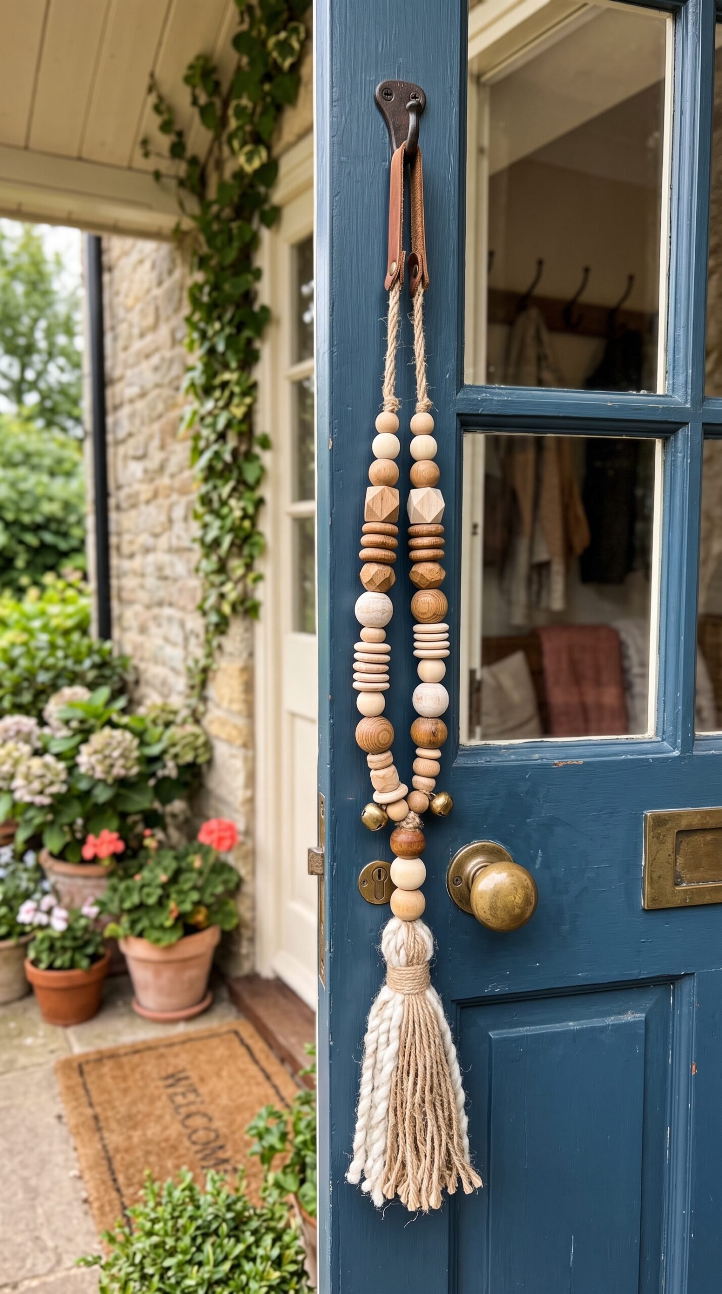 wooden bead hanger on a front door