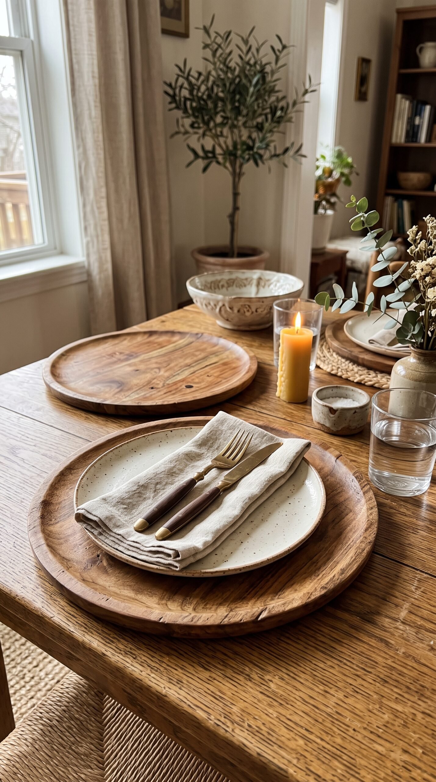 wooden charger plates on a table setting