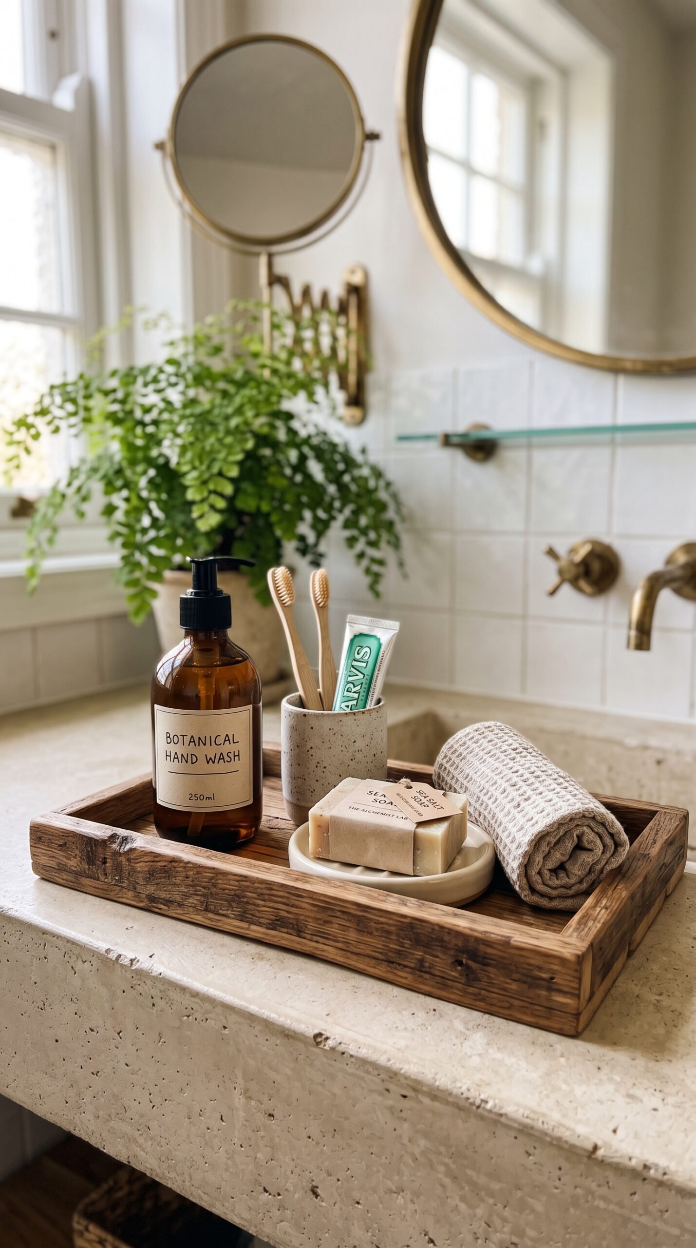 wooden tray holding bathroom essentials