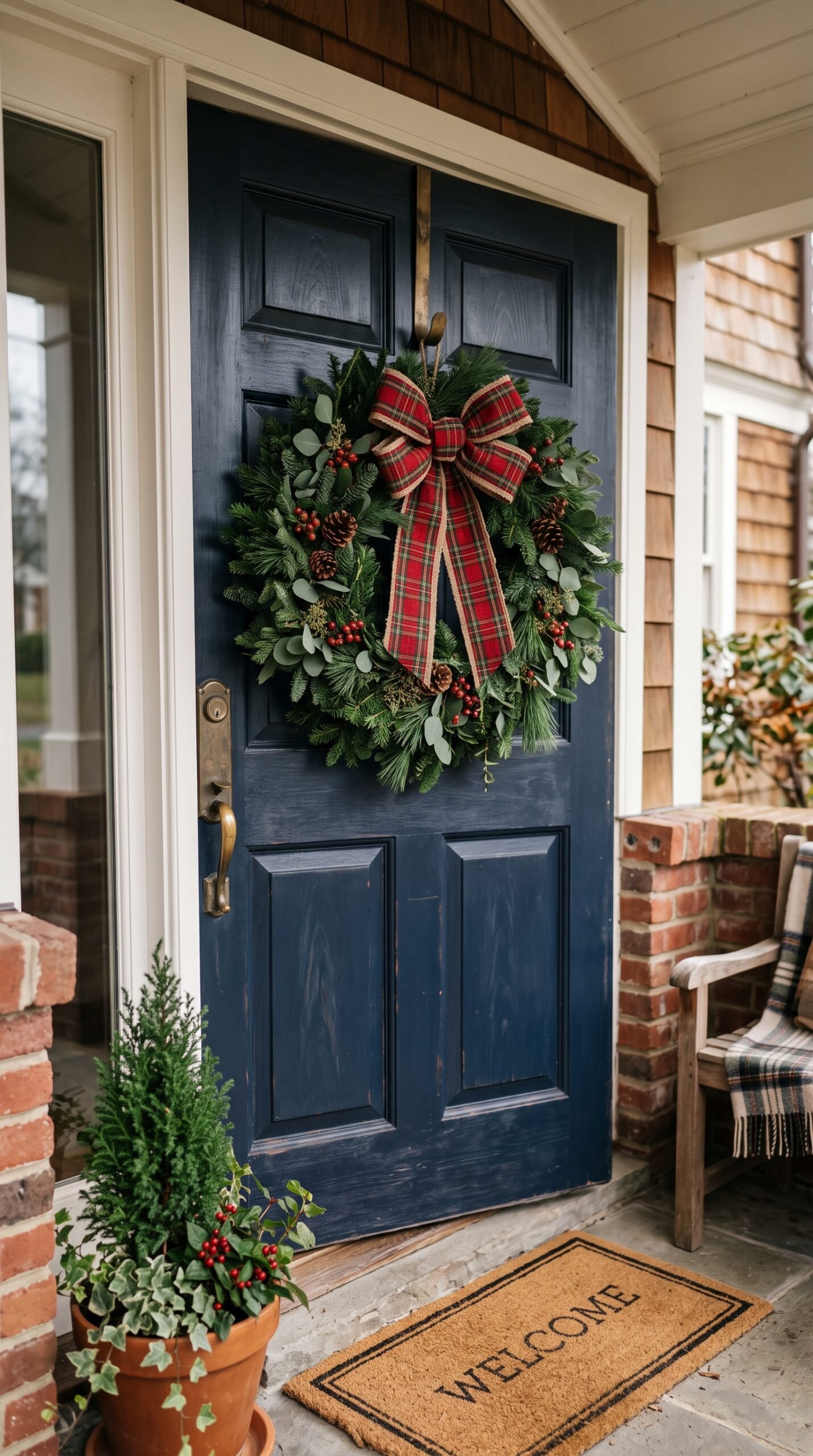 simple wreath with a bow on a front door