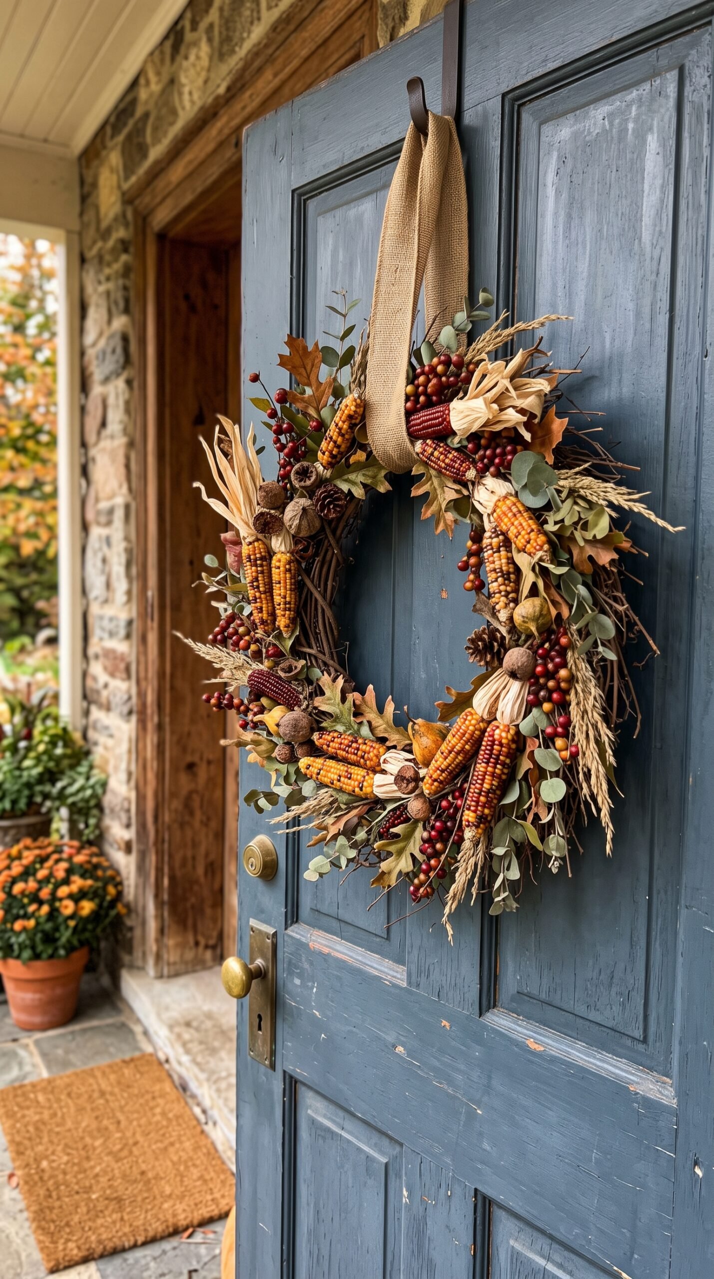 wreath with mini corn accents on a door