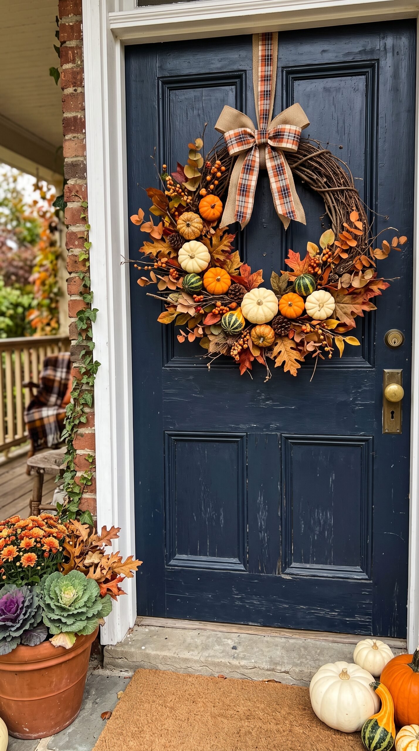 wreath with mini pumpkins on a front door