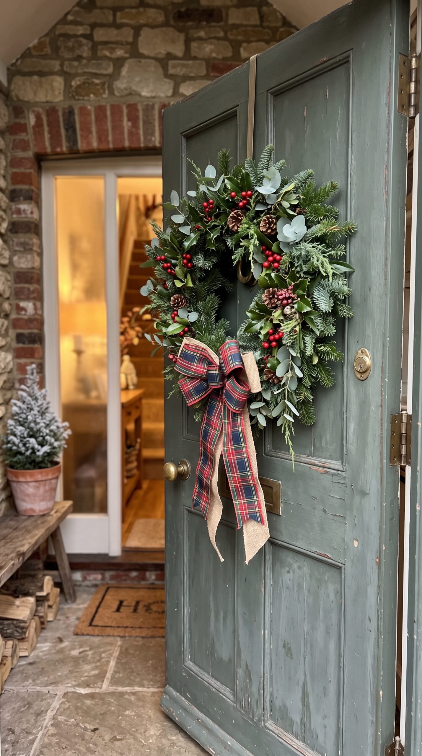 wreath with a plaid ribbon bow on a door