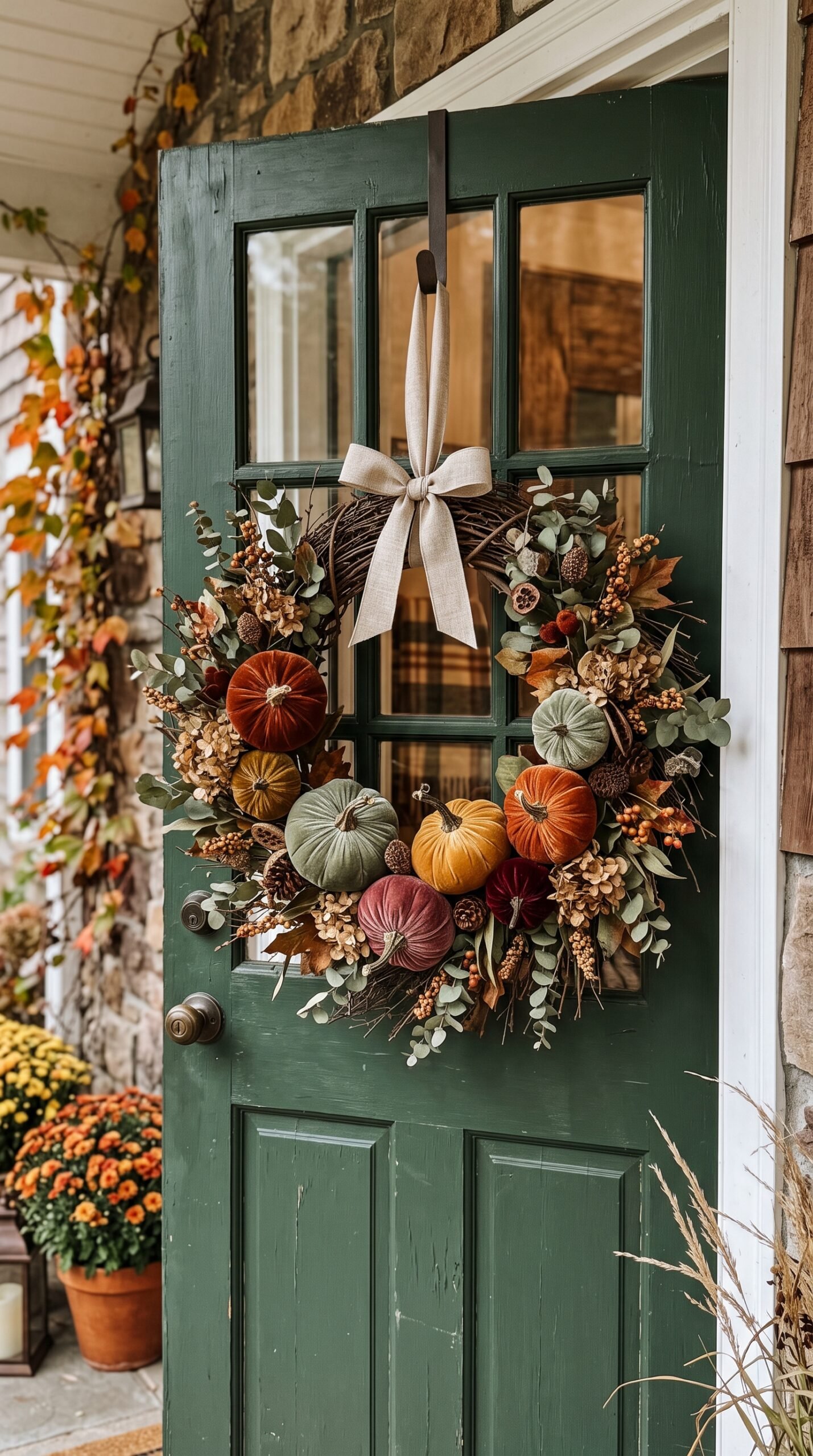 wreath with velvet pumpkins on a door